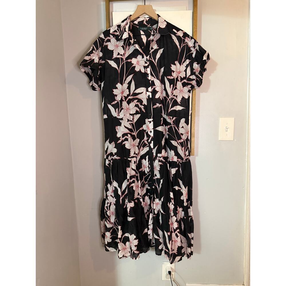 Lauren Ralph Lauren black floral shirt dress cotton/silk blend midi size 12